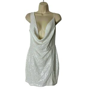Lucy in the Sky Sequined Bodycon Mini Dress Medium White Sheath Draped Neckline